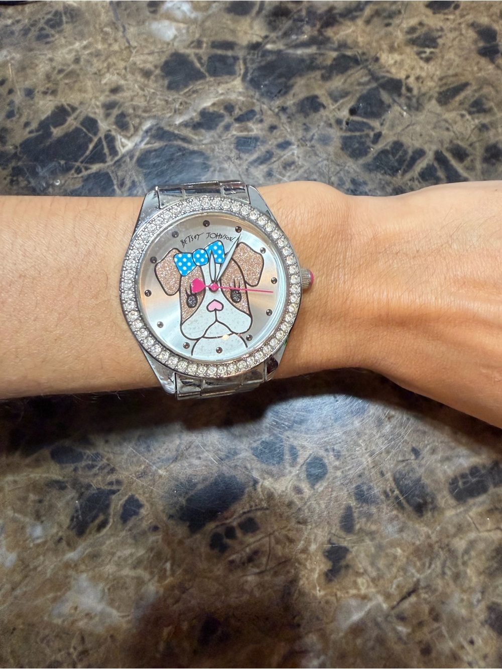 Betsey Johnson Silver Watch with Dog Face and Pink & Blue Accents